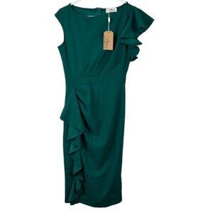 NEW Aisize Ruffled Dark Green Retro Holiday Party Pencil Dress Sz Small Glam